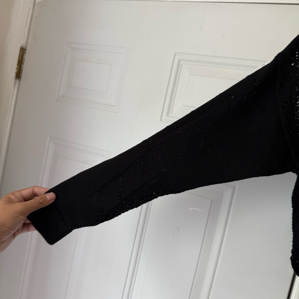 NWT KOTN black Egyptian cotton v neck boxy cropped open crochet knit pullover - Picture 2 of 7